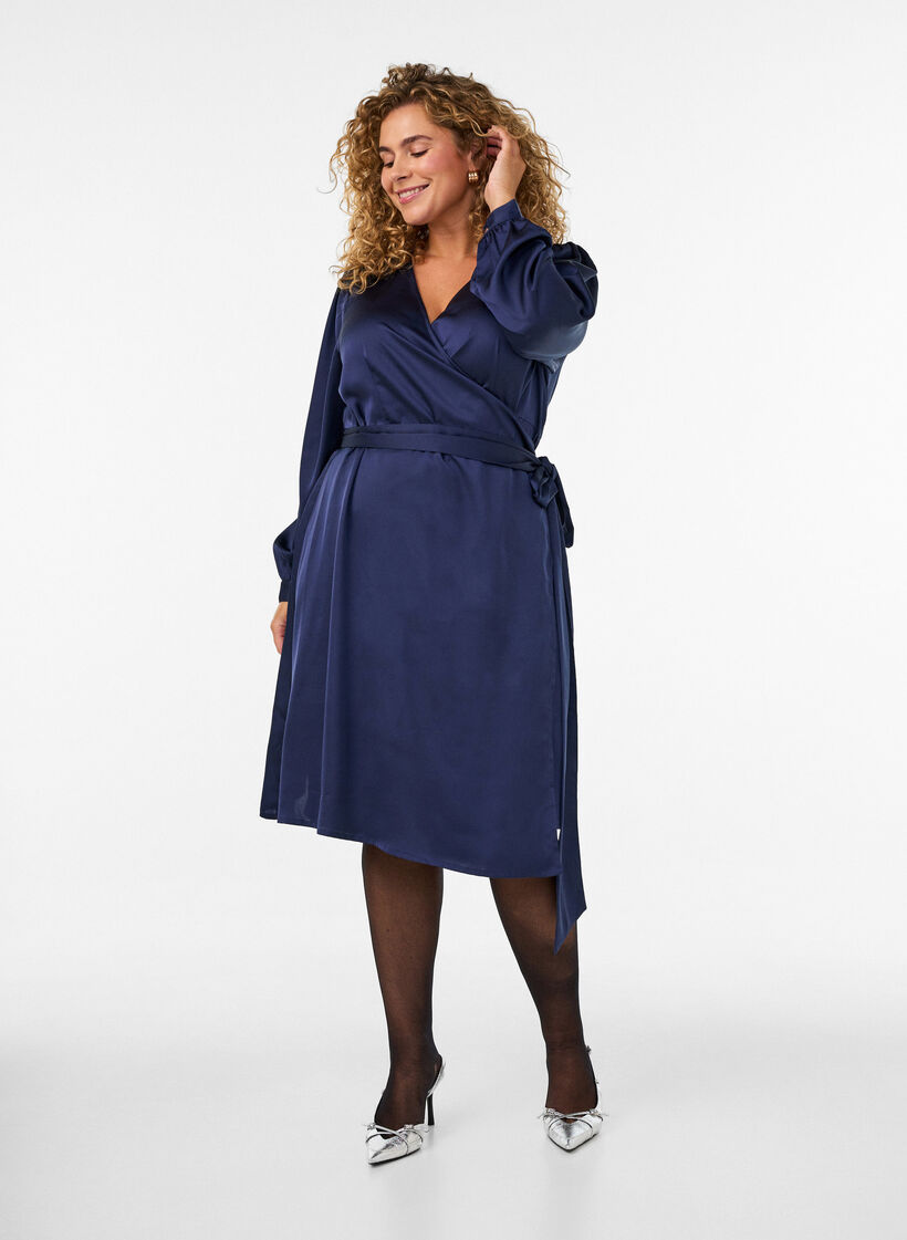 Robe courte en satin avec coupe portefeuille, Bleu, Model image number 1