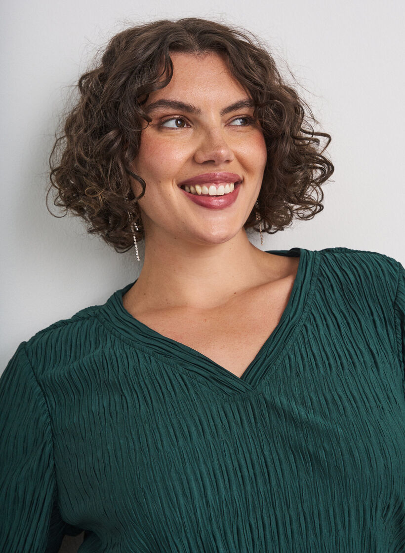 Blouse avec texture ondul&eacute;e et coupe ballon, Vert fonc&eacute;, Model image number 3