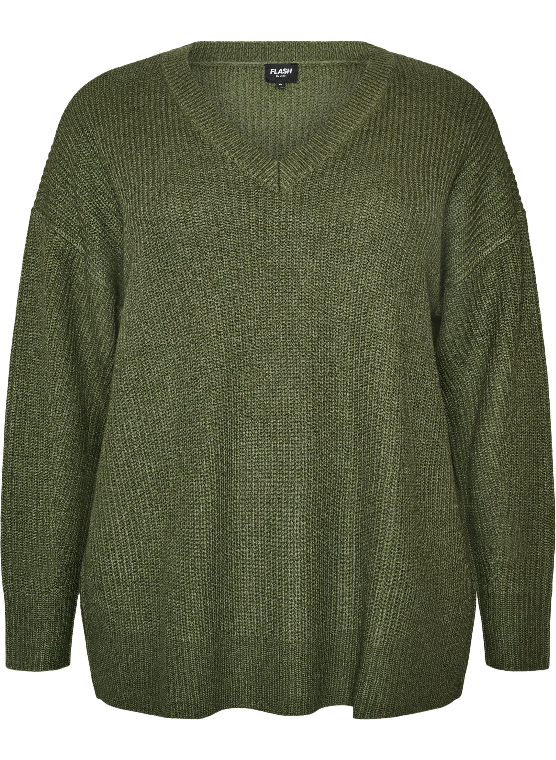 Lange Rippstrickbluse mit V-Ausschnitt