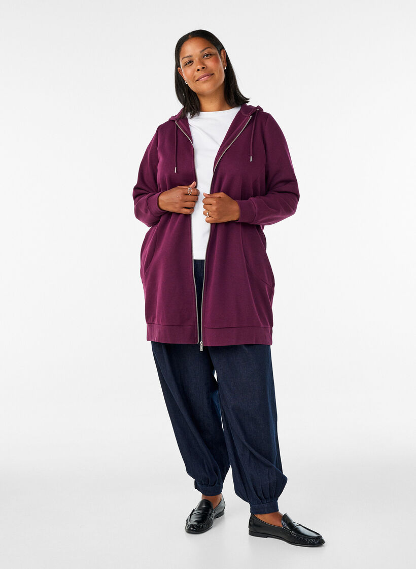 Sweat &agrave; capuche long avec zip et poches, Violet, Model image number 1
