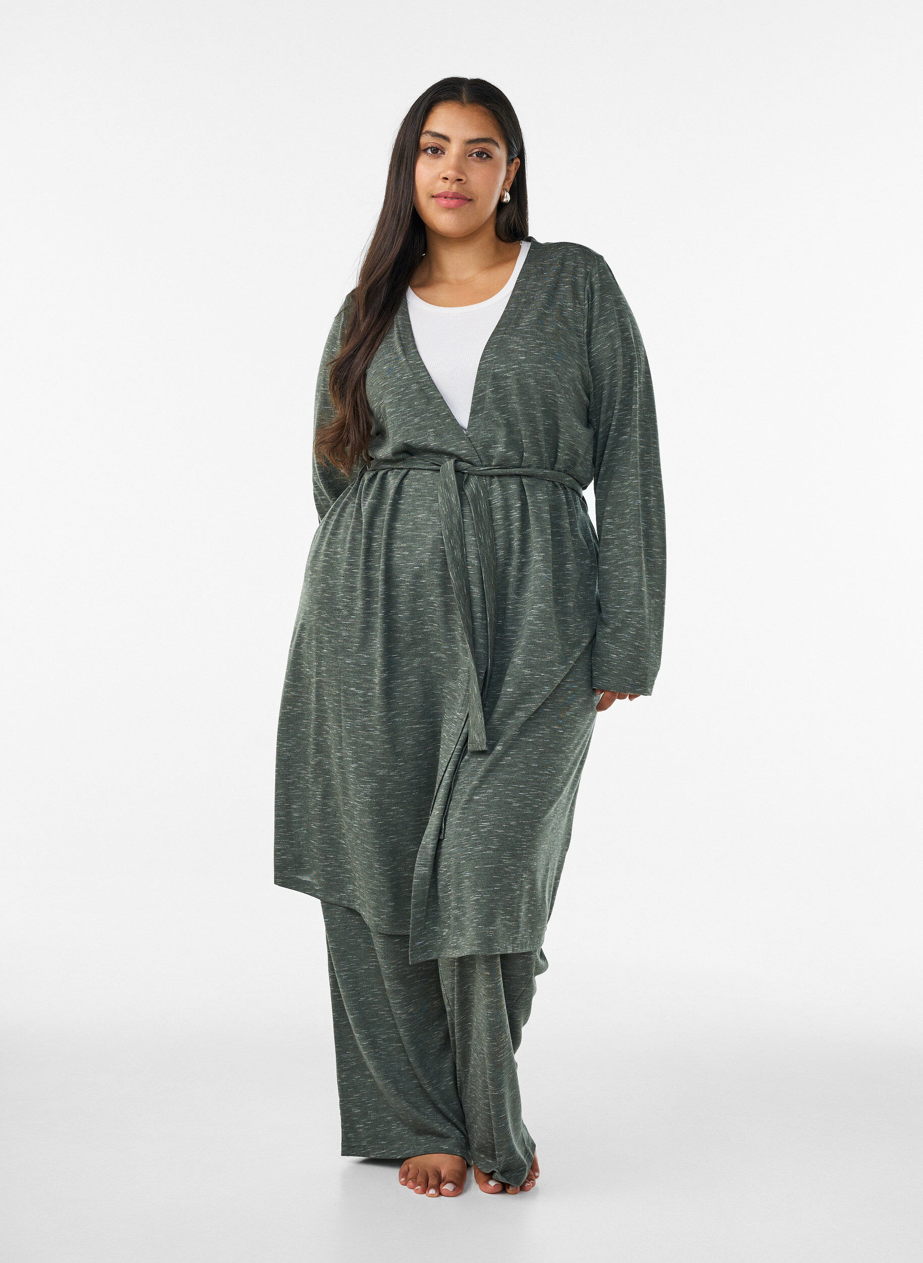 Cardigan long en jersey avec ceinture &agrave; nouer, Vert, Model