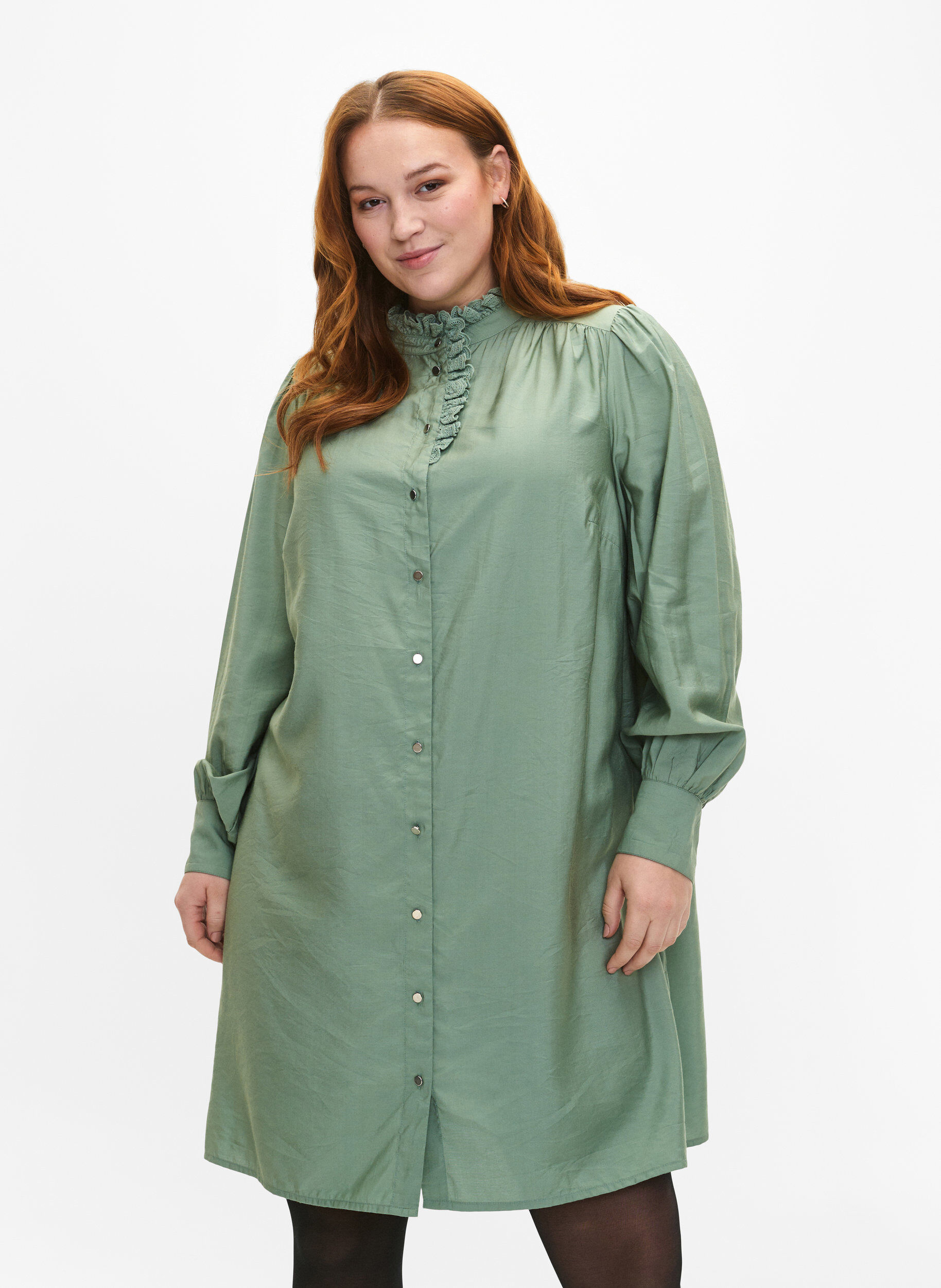 Zizzi Viskose Hemdblusenkleid mit R&uuml;schen, Gr&uuml;n, Model image number 0