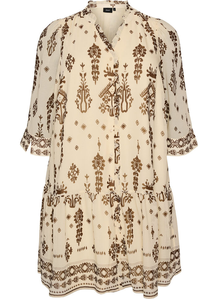 Robe avec imprim&eacute; ornemental et col &agrave; volants, Beige, Packshot image number 0