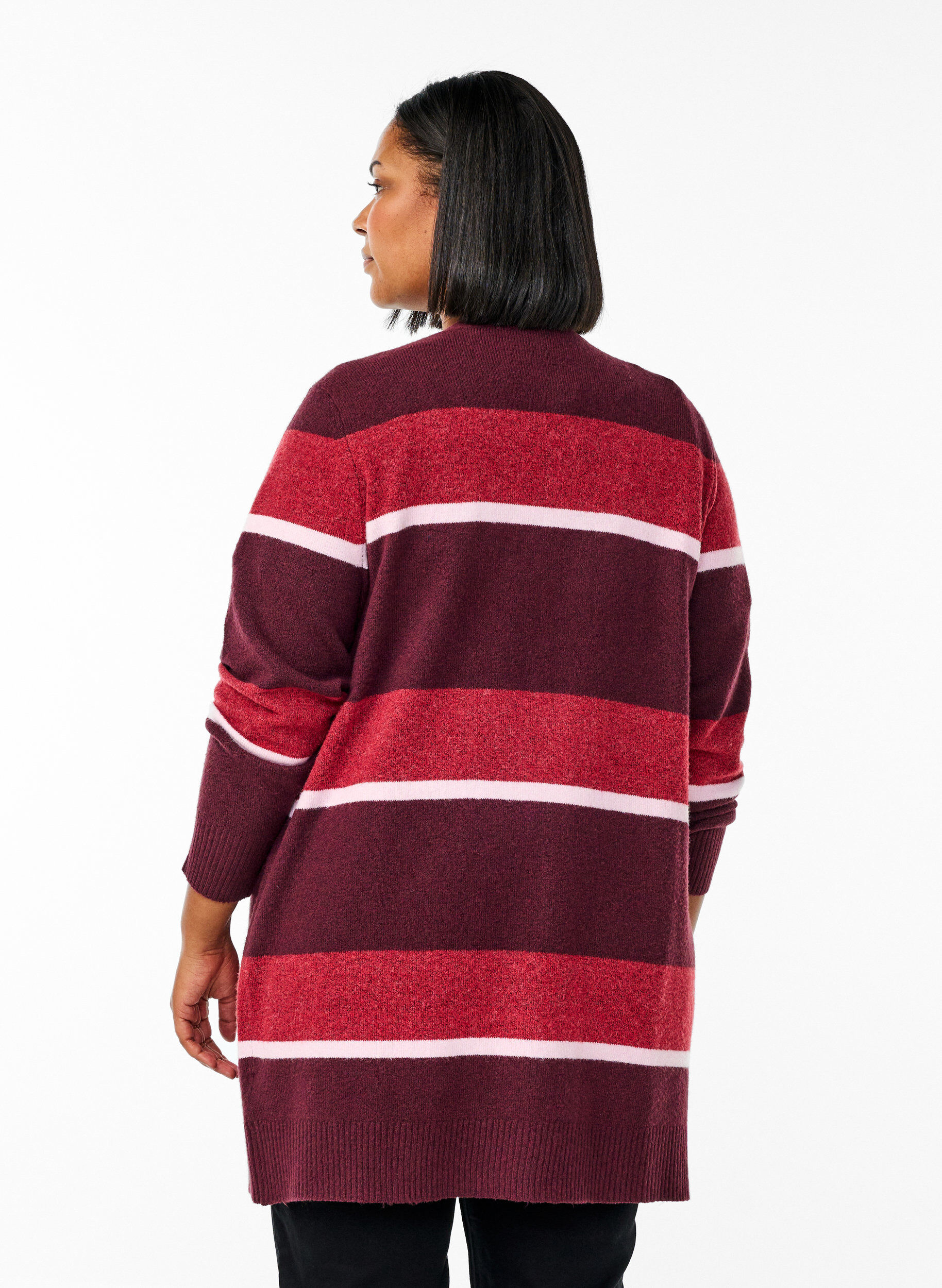 Zizzi Lange Strickjacke mit breiten Streifen, Dunkles Bordeaux, Model image number 2
