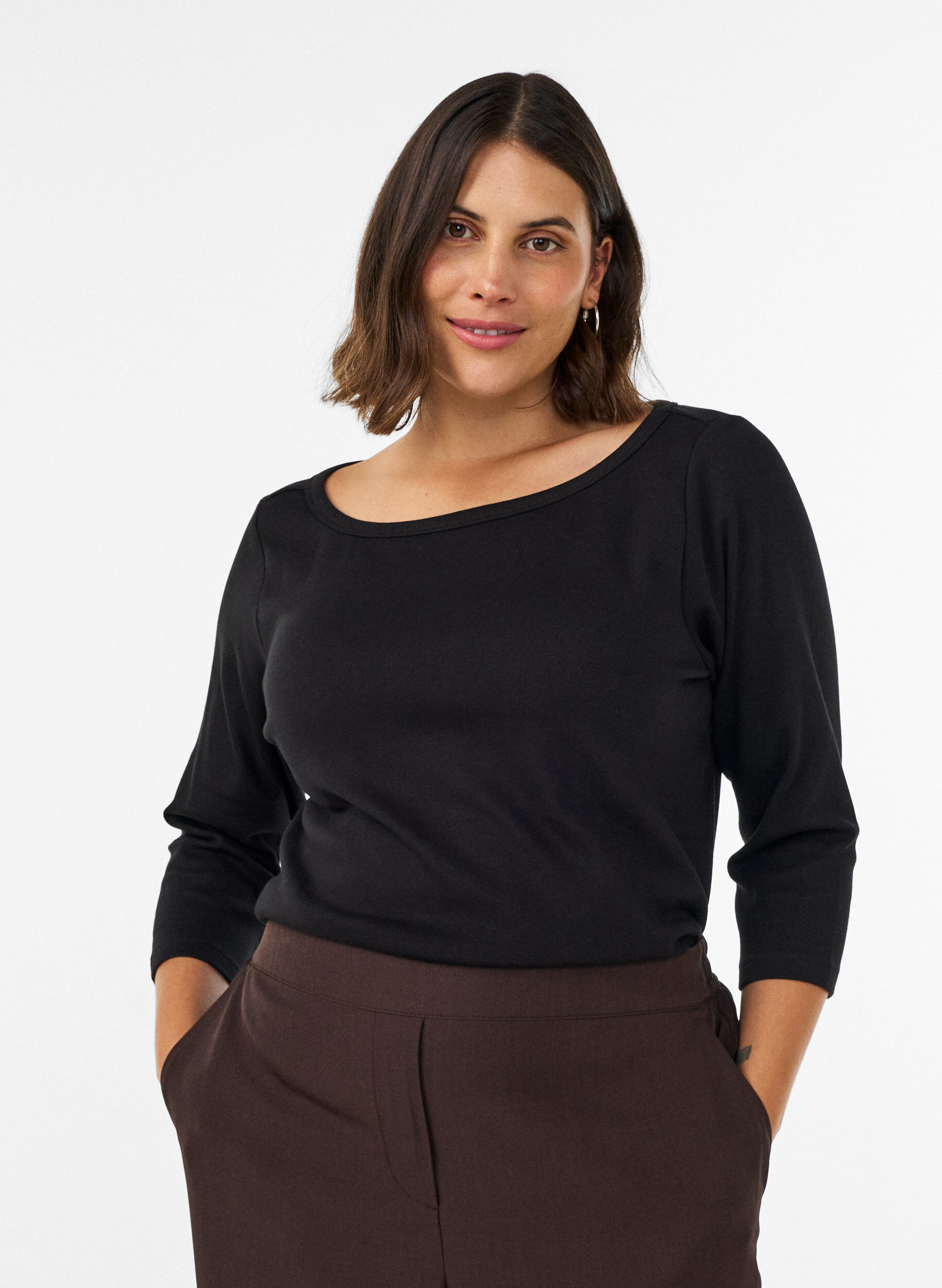 ZizziT-shirt basic &agrave; col bateau et manches 3/4, Noir, Model image number 0