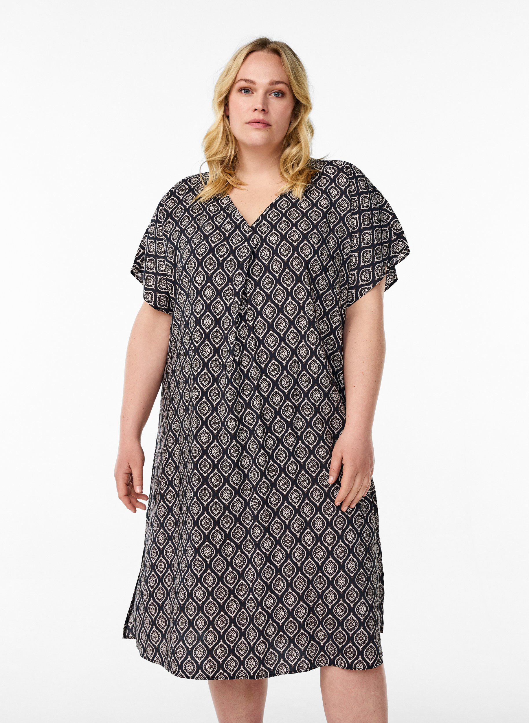 Robe &agrave; col en V en viscose, Bleu, Model