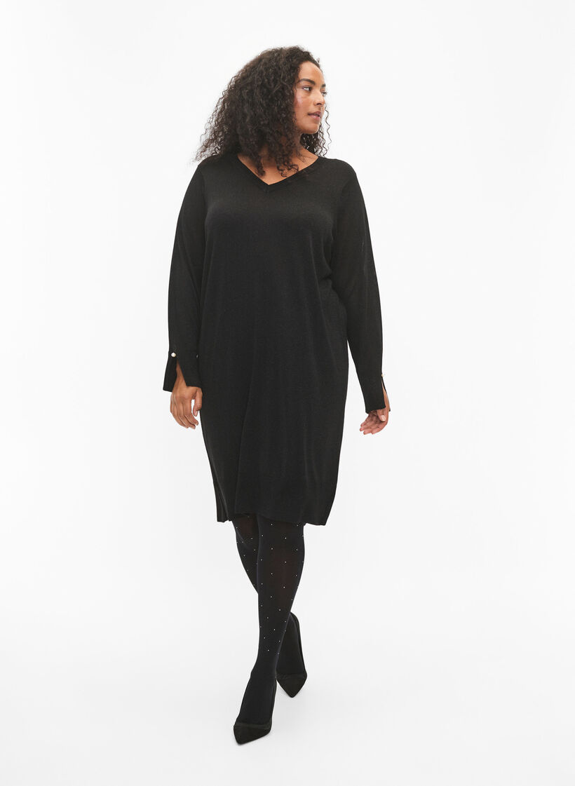 Robe en maille à paillettes en viscose avec des fentes, Black w. DTM Lurex, Model image number 3