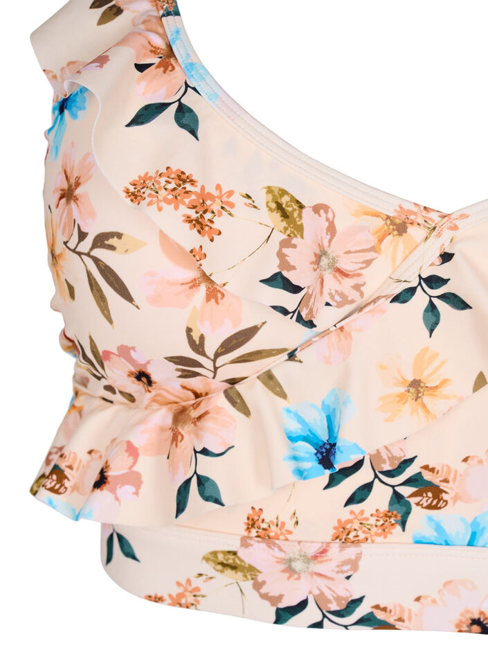 Gebl&uuml;mtes Bikinioberteil mit R&uuml;schendetails, Beige, Packshot image number 2