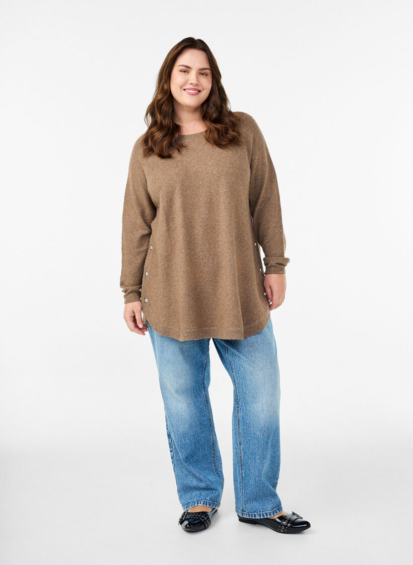Lange Strickbluse mit Kugelkn&ouml;pfen, Braun, Model image number 1