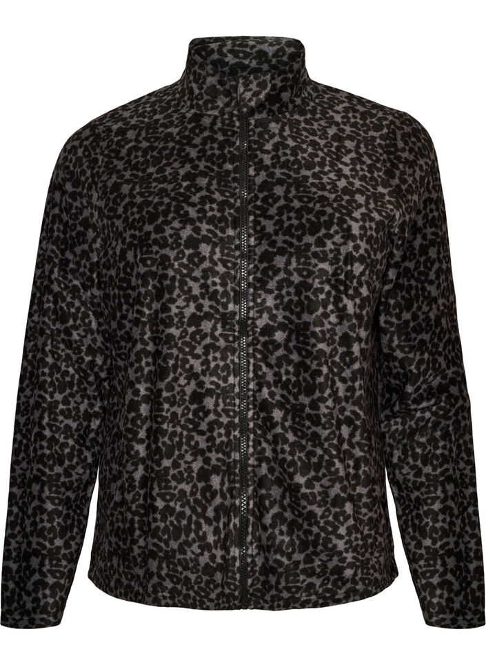 Fleecejacke mit Leopardenmuster und hohem Kragen, Schwarz, Packshot image number 0