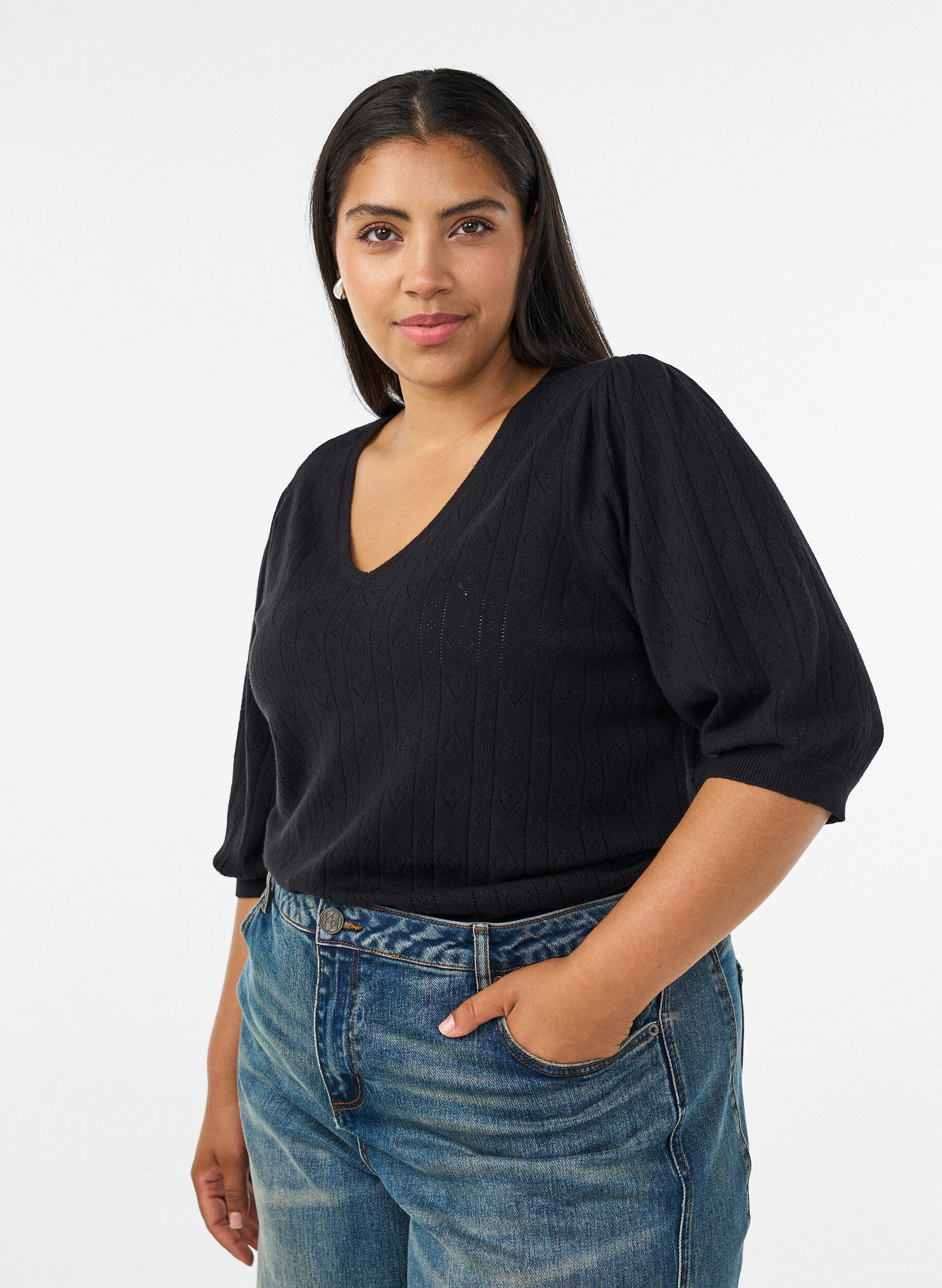 ZizziBlouse en maille pointelle &agrave; manches courtes, Noir, Model image number 0