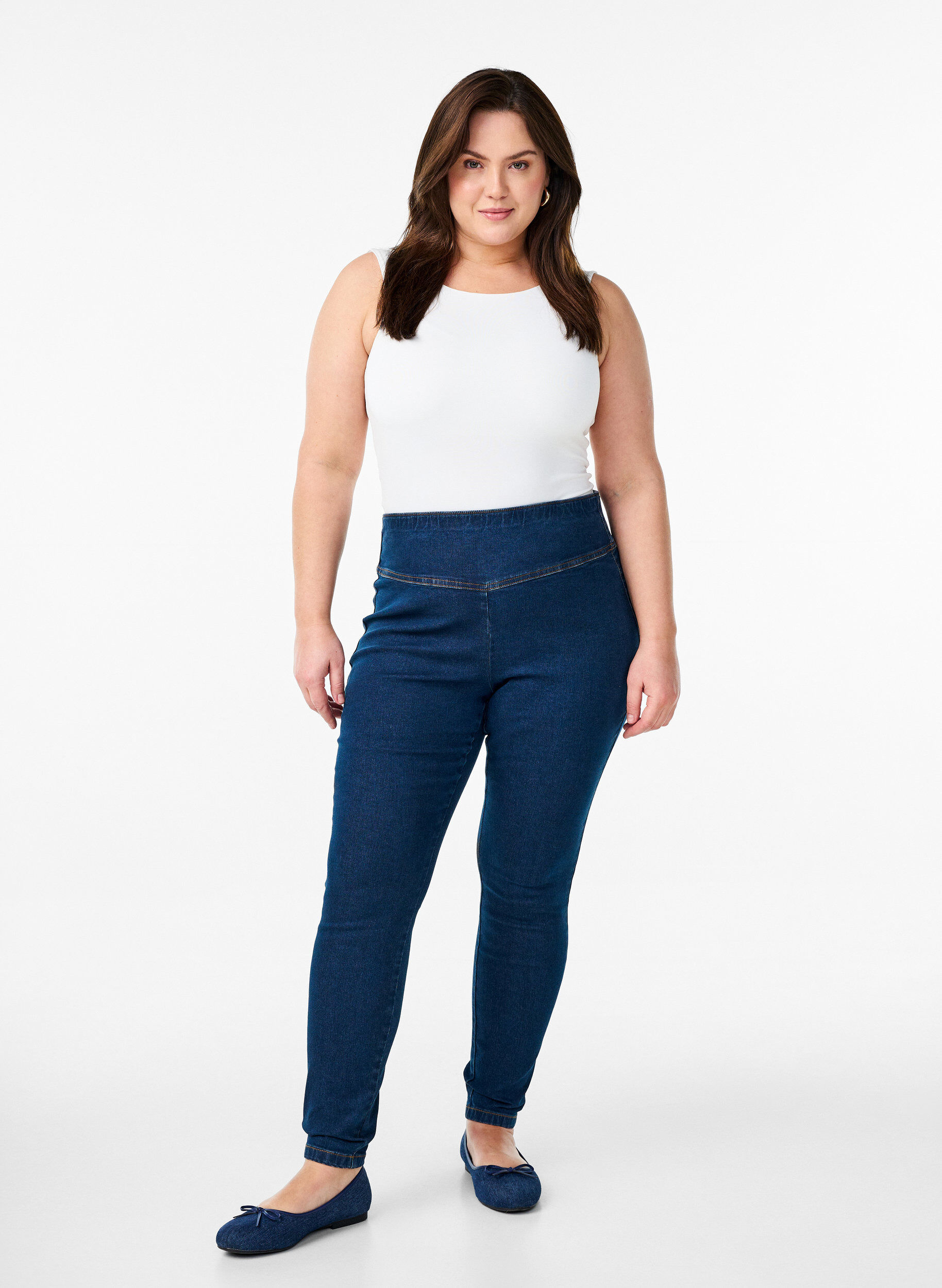 Elastische Jeggings mit hoher Taille, Blau, Model