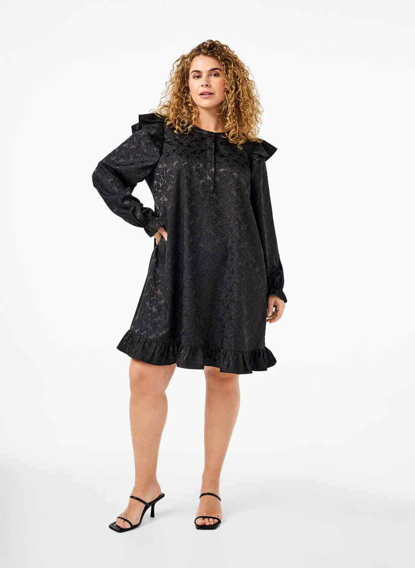 Robe en jacquard avec des manches longues et des détails à volants, Noir, Model image number 1