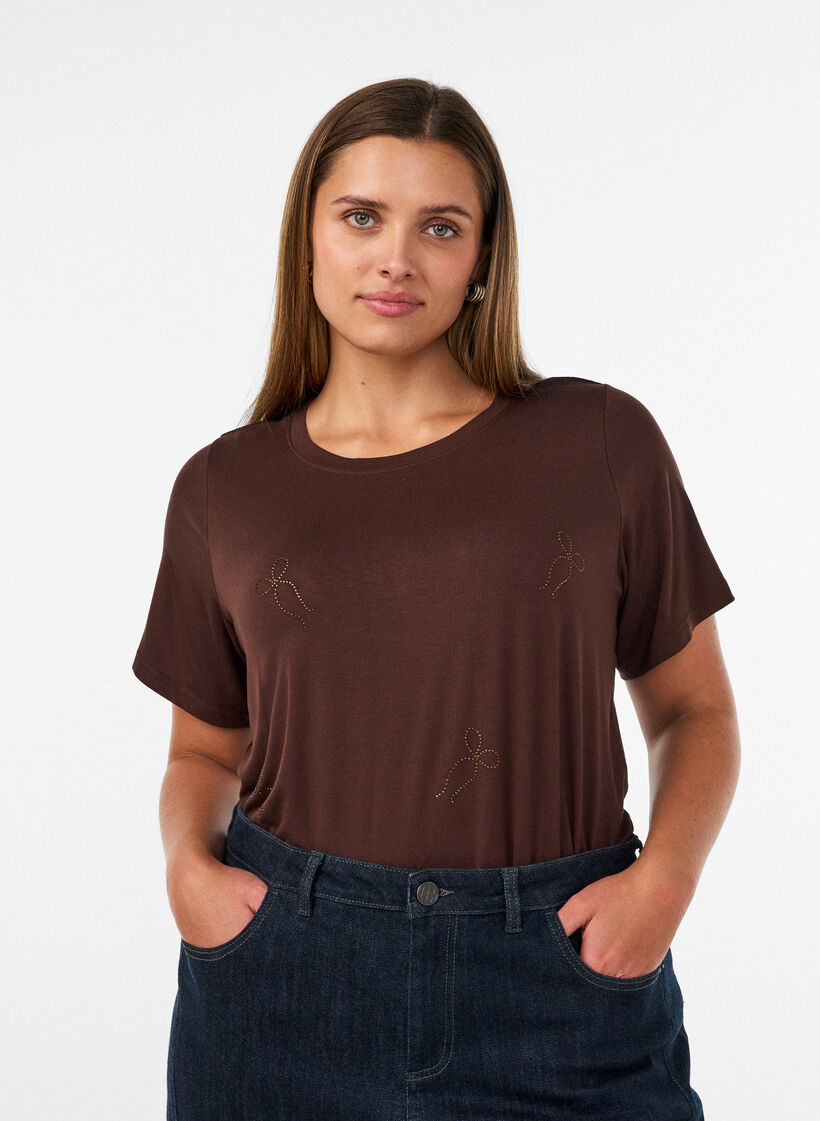 T-shirt en viscose avec strass, Marron, Model image number 0