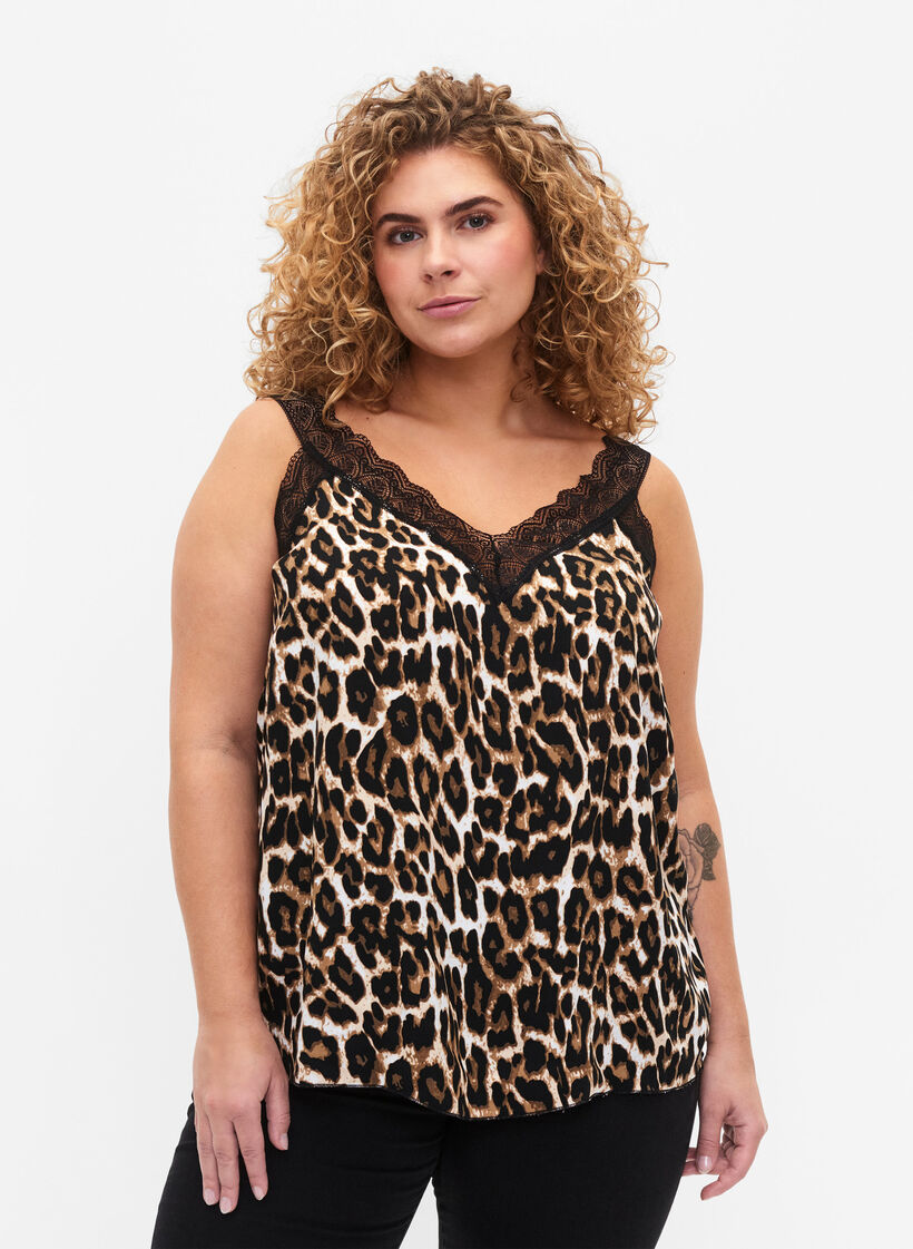 Top avec dentelle en viscose, Leopard, Model image number 0