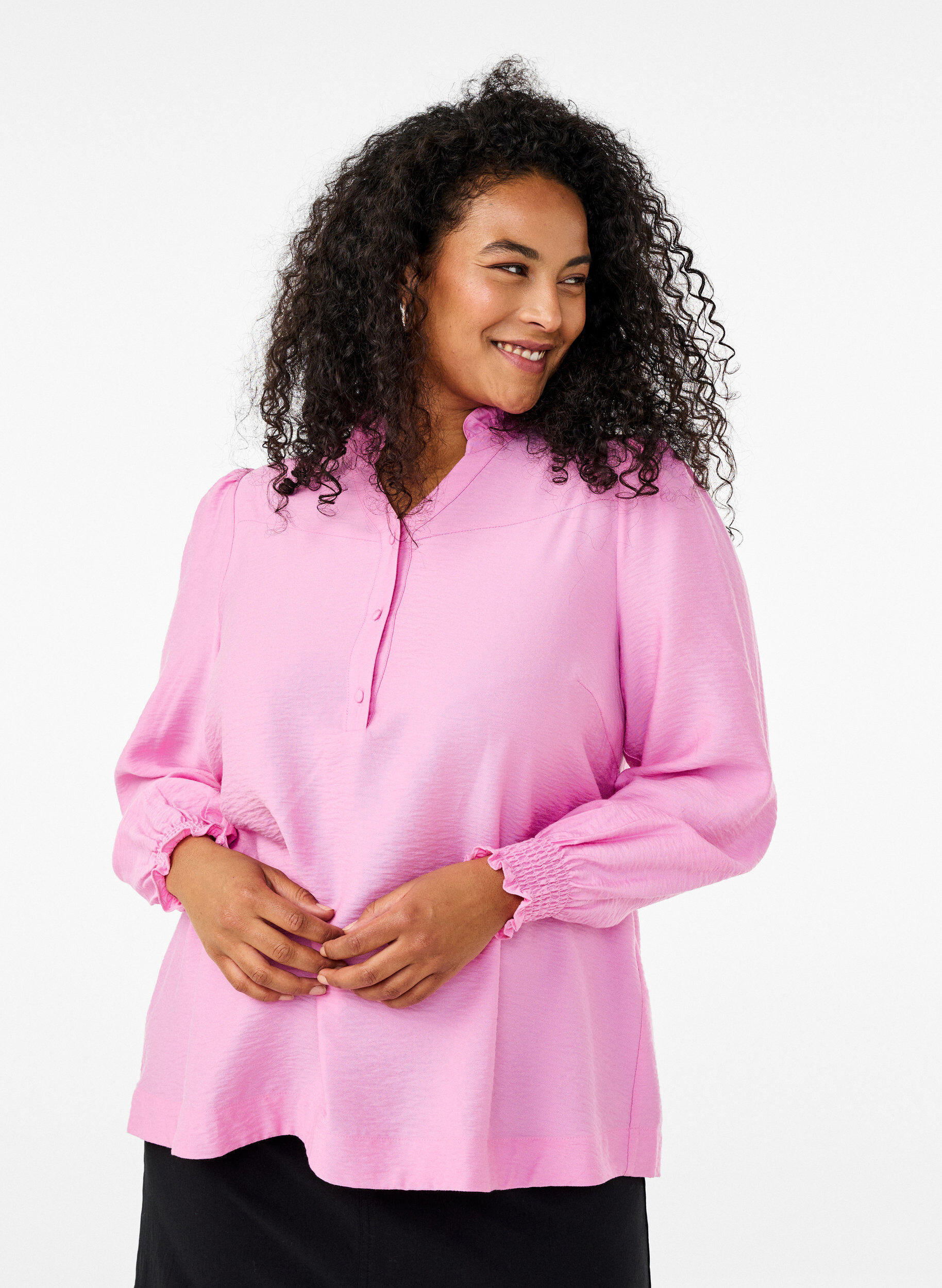 Zizzi Bluse mit R&uuml;schenkragen, Pink, Model image number 0