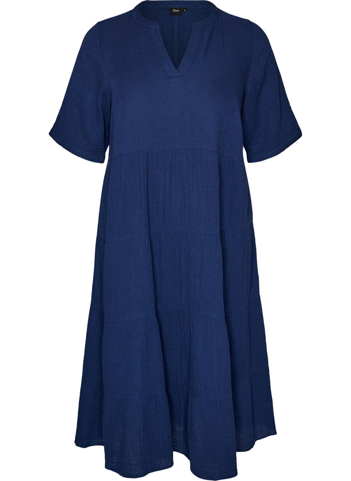 Robe midi coupe &eacute;vas&eacute;e en mousseline de coton, Bleu, Packshot image number 0