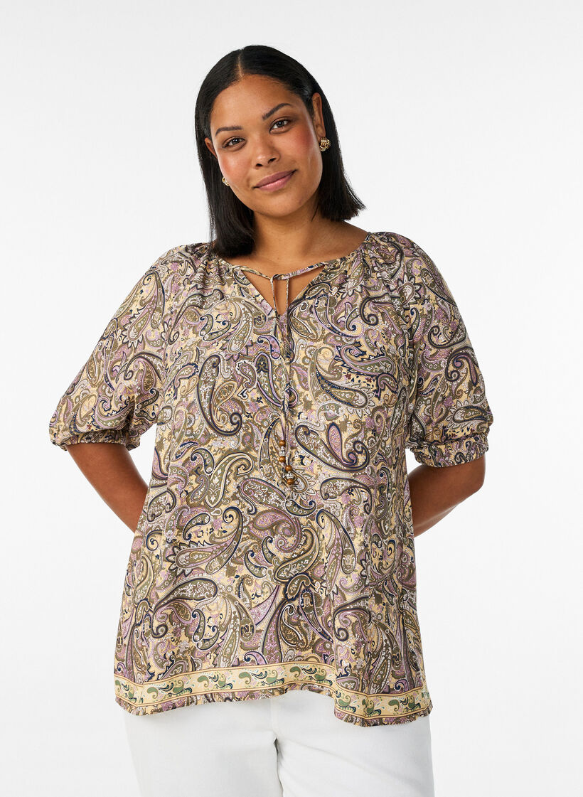 Bluse aus Viskose mit Paisley-Muster und Bindeband, Gelb, Model image number 0