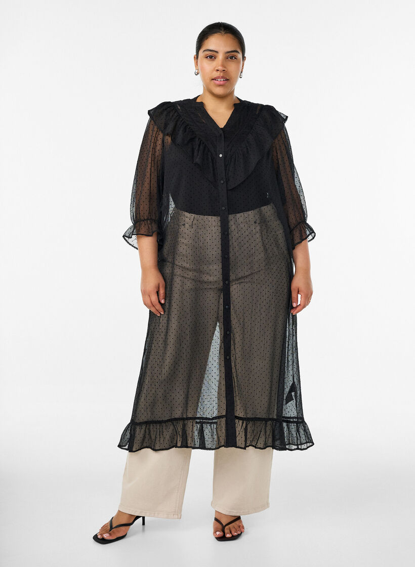 Midikleid aus einem leichten, transparenten Stoff mit Punkten und R&uuml;schen, Schwarz, Model image number 0