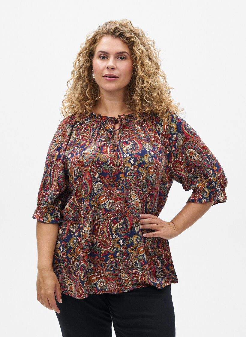 Blouse en viscose à imprimé paisley et manches coudes, Bleu, Model image number 0