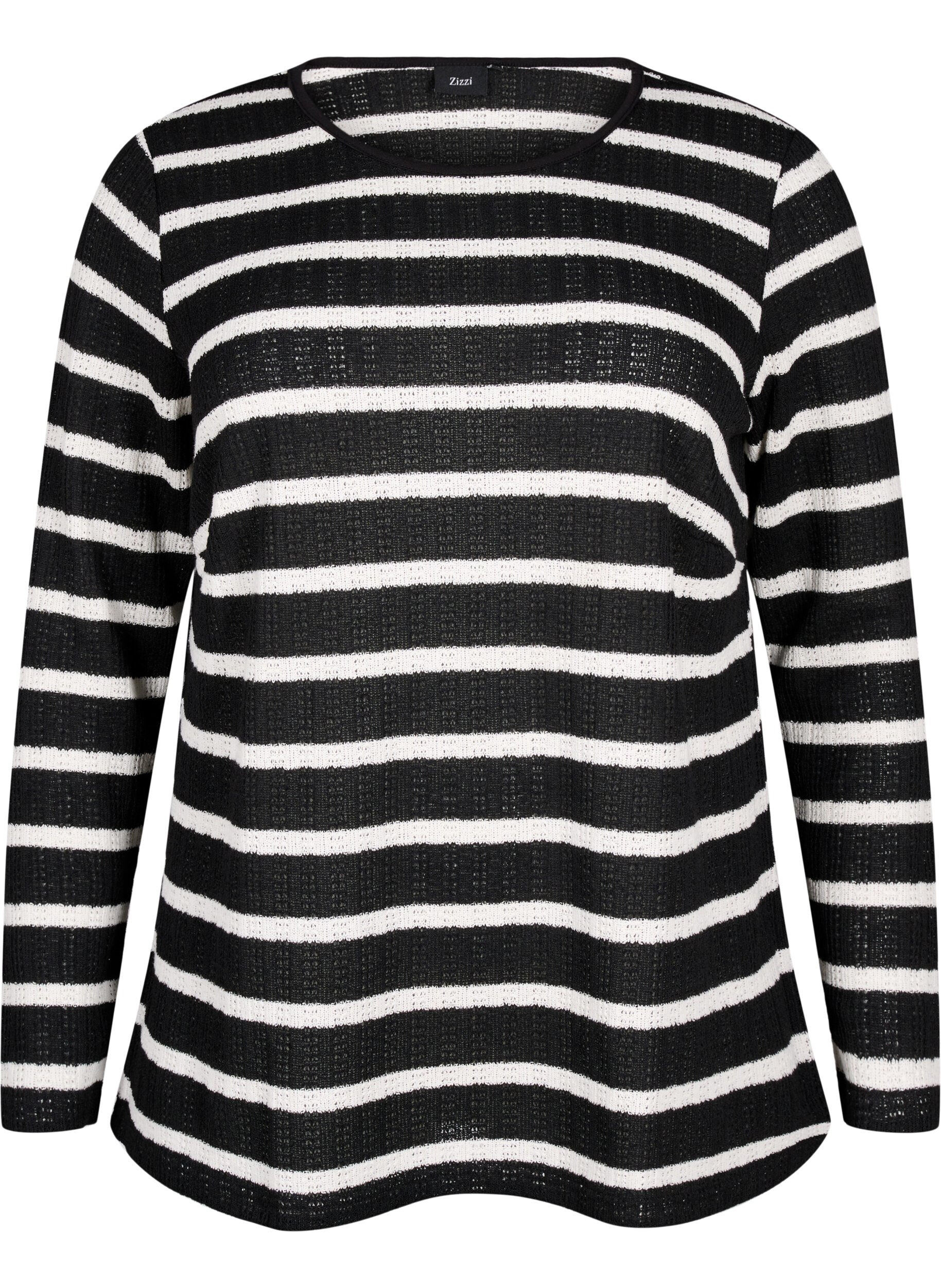 Zizzi Bluse mit Streifen und langen &Auml;rmeln, Black Sand Stripe, Packshot image number 0