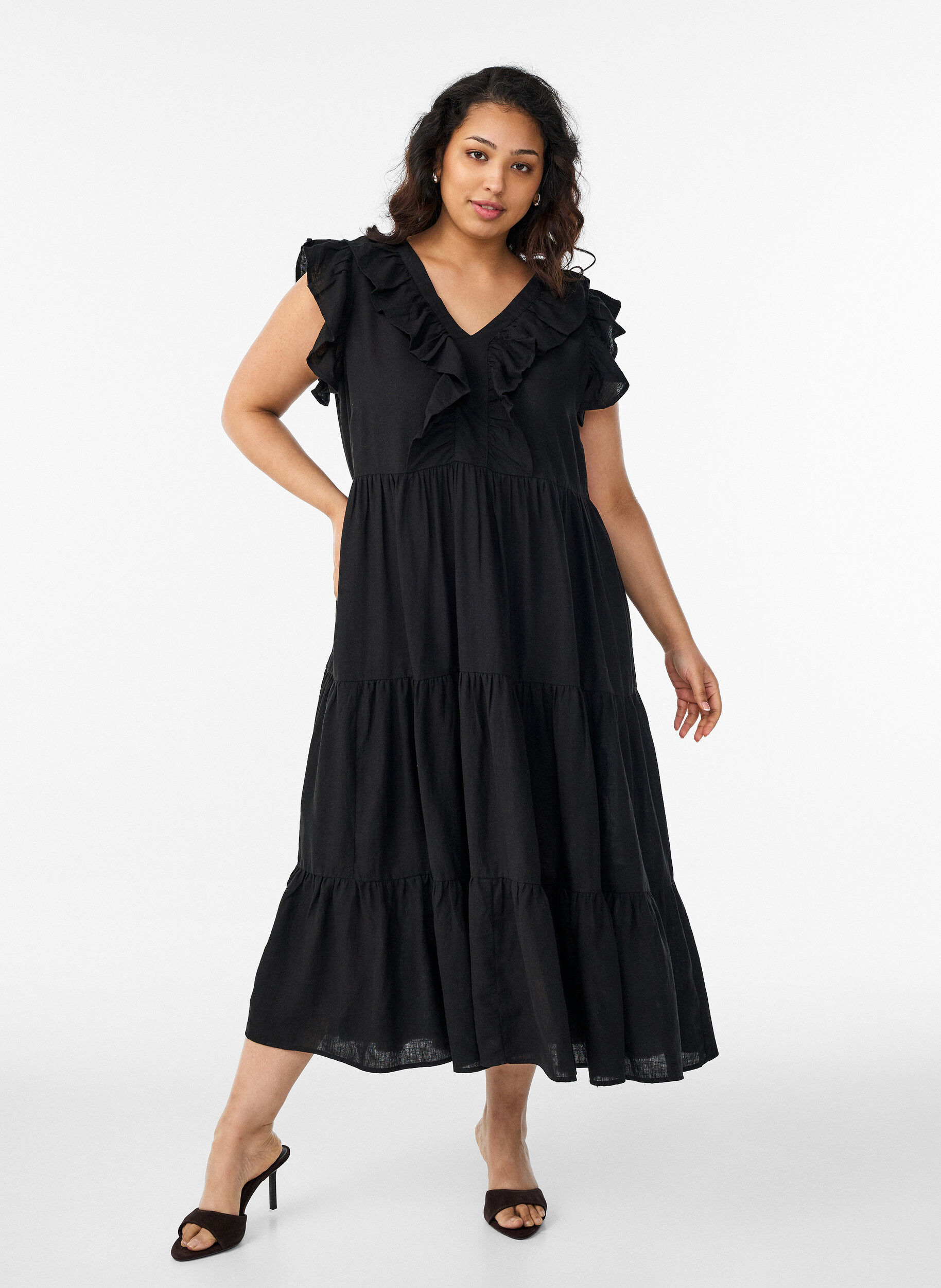 Robe midi sans manches en lin et viscose avec volants, Noir, Model