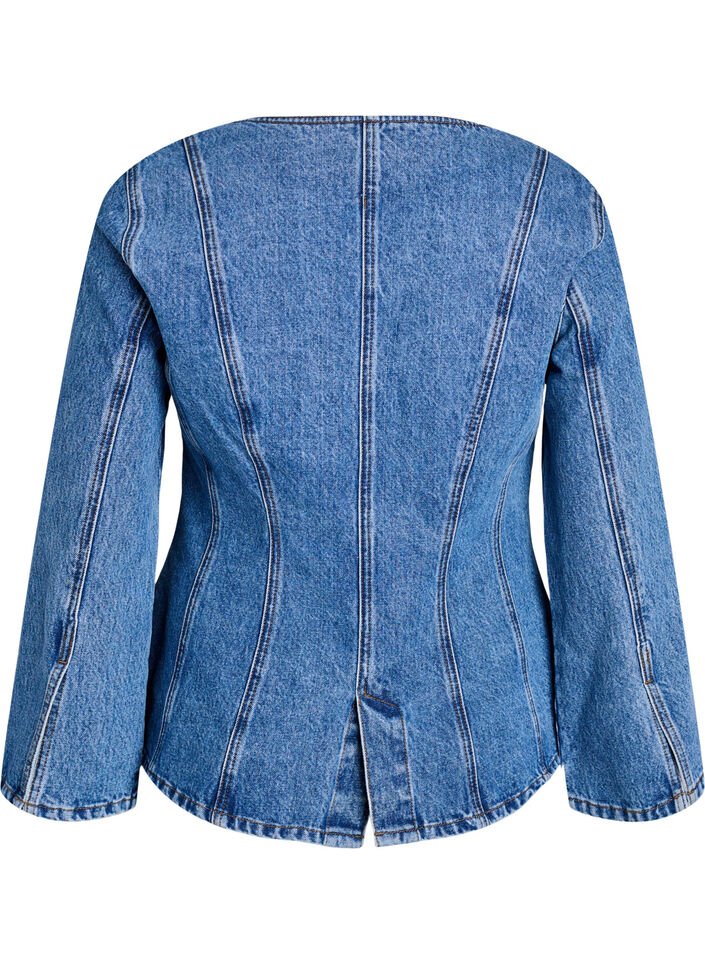 Veste en jean avec coutures galbantes et col en V, Bleu, Packshot image number 1