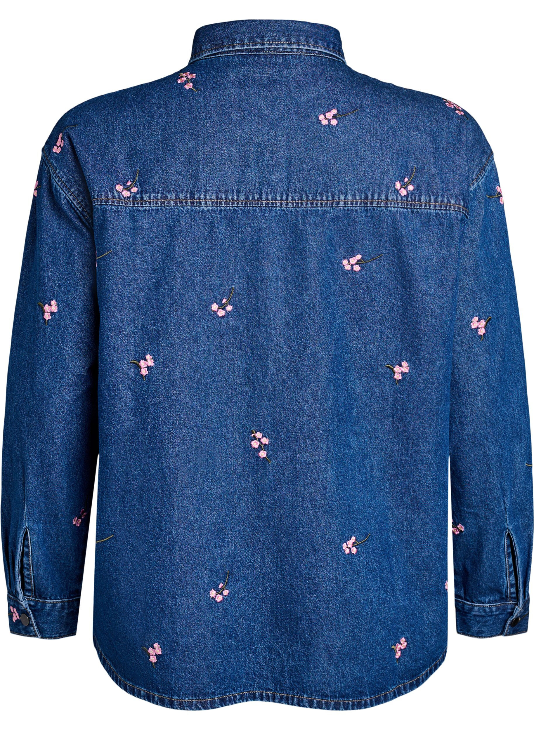 Zizzi Jeanshemd mit gestickten Erdbeeren, Blau, Packshot image number 1