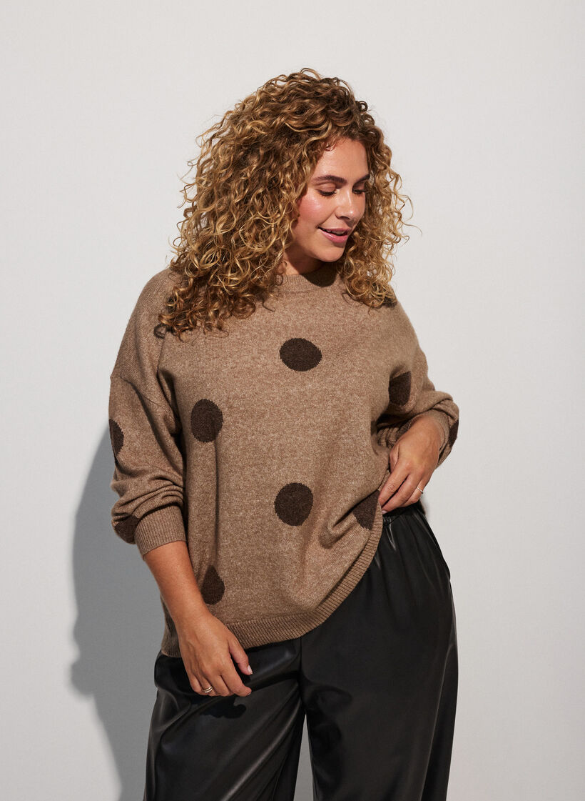 Blouse en maille &agrave; pois, Marron, Model image number 0