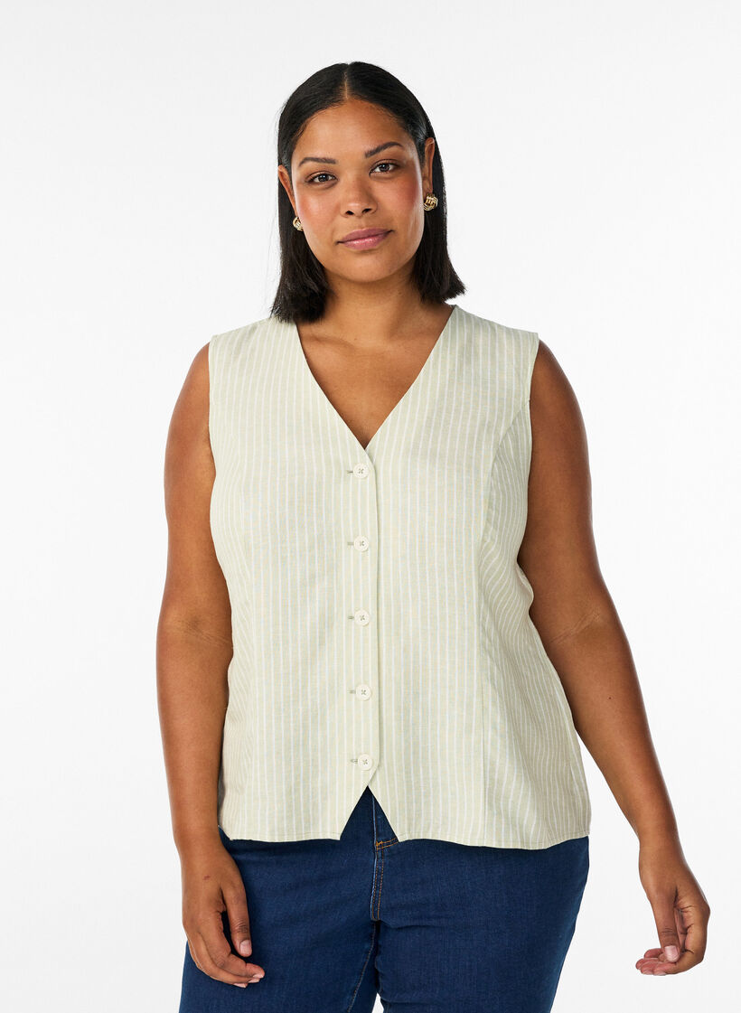 Gilet ray&eacute; en lin et viscose, Vert clair, Model image number 0