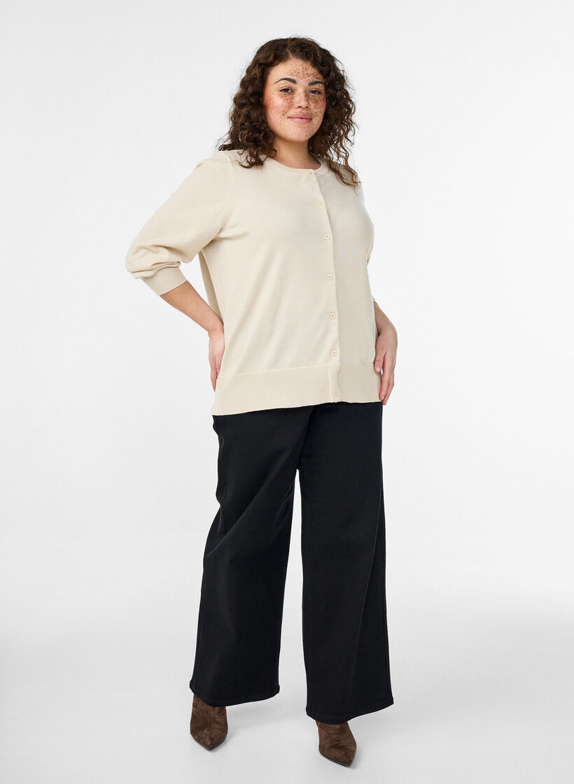 Cardigan en maille fine avec col rond, Beige, Model image number 1