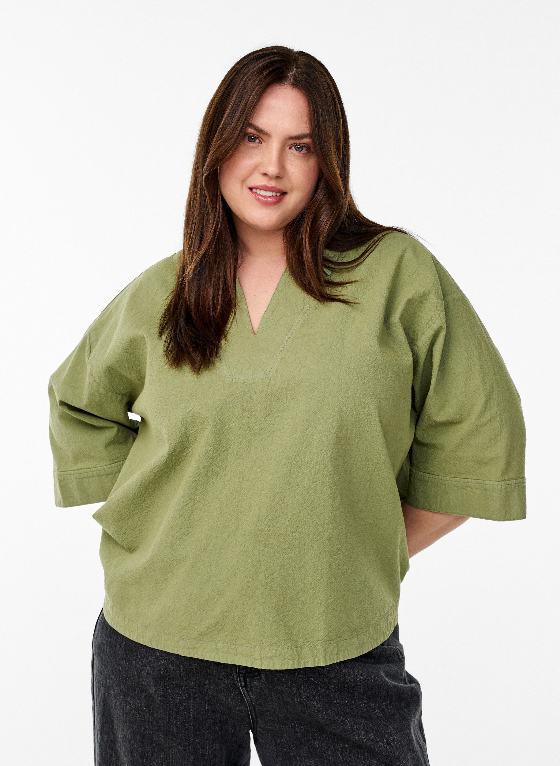 Zizzi Blouse ample avec col et manches 1/2, Vert, Model image number 0