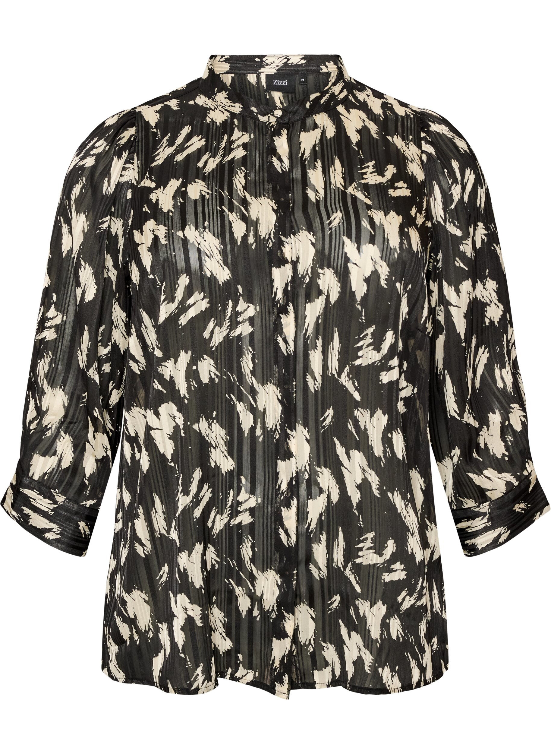 ZizziGemusterte Bluse mit Stehkragen und 3/4-&Auml;rmeln, Schwarz, Packshot image number 0