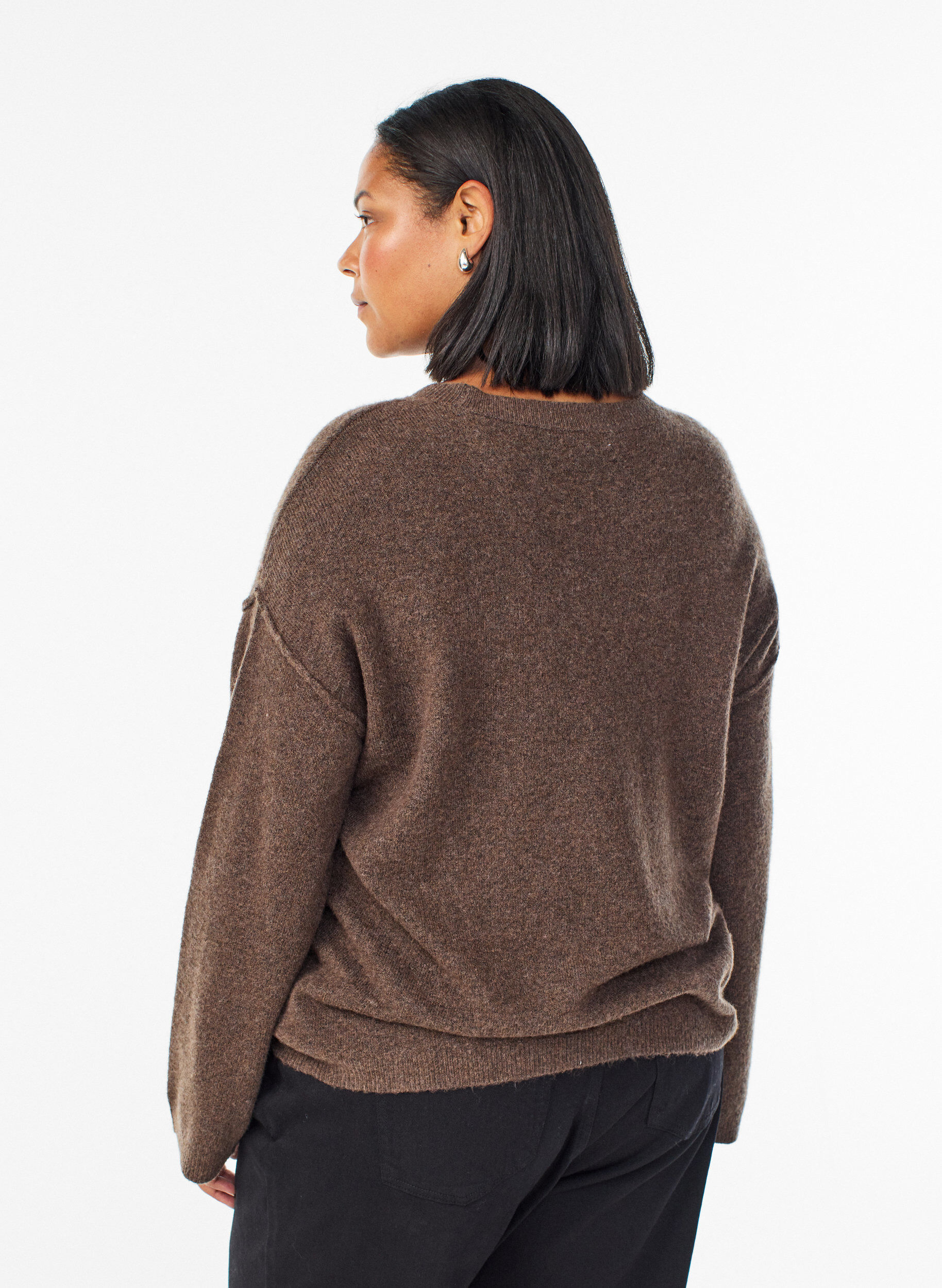 ZizziPull ample en maille avec coutures apparentes, Marron, Model image number 2