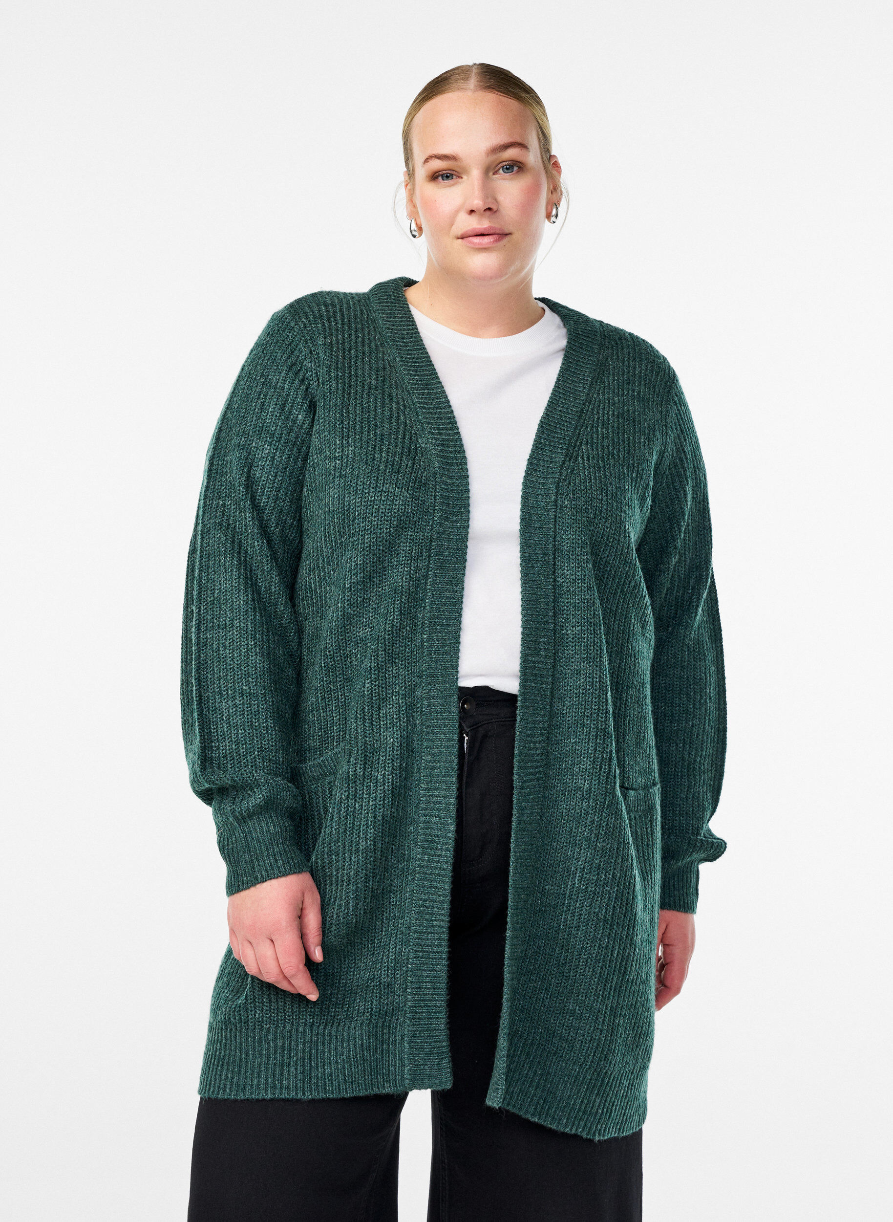 Zizzi FLASH - Cardigan long en maille c&ocirc;tel&eacute;e avec poches, Vert fonc&eacute;, Model image number 0