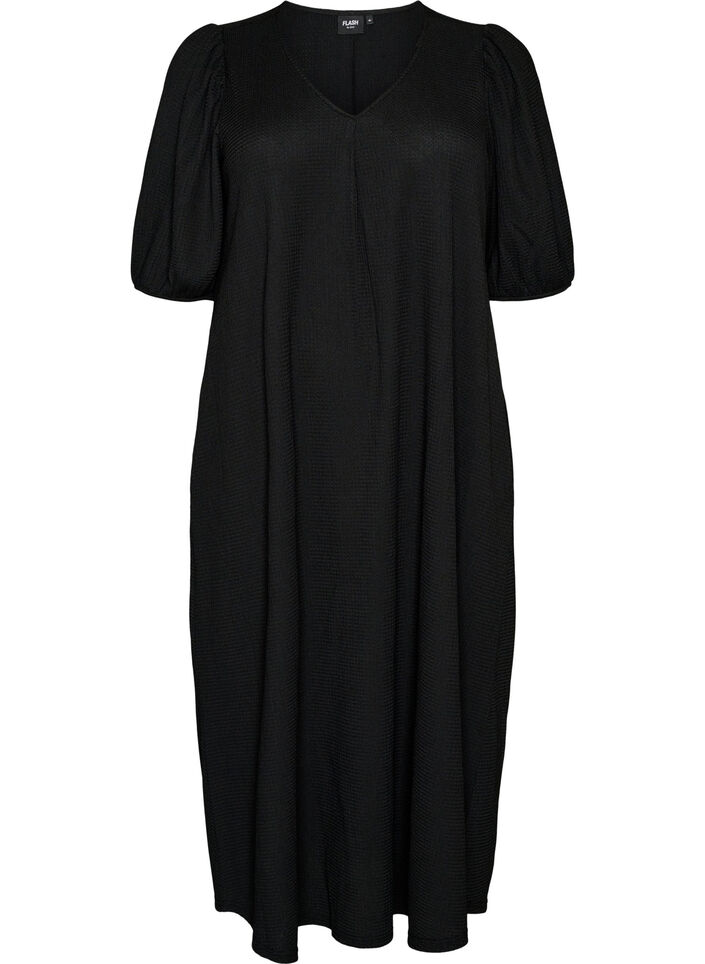 Midikleid mit V-Ausschnitt und Struktur, Schwarz, Packshot image number 0