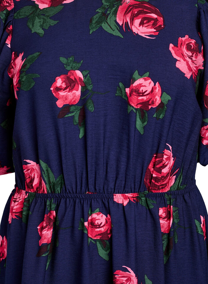 Robe midi &agrave; imprim&eacute; roses et manches courtes bouffantes, Bleu, Packshot image number 2