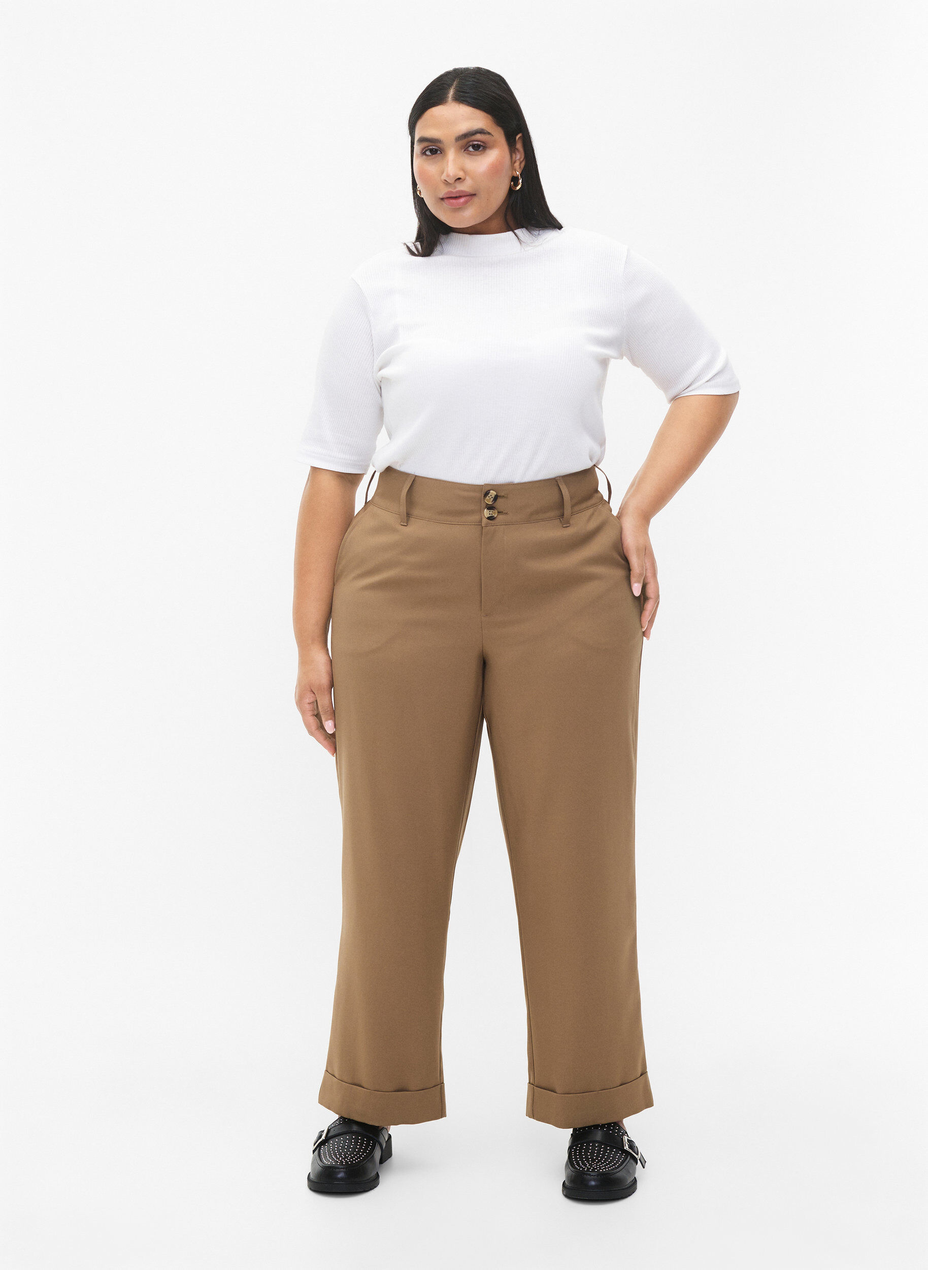 Zizzi Hose mit hoher Taille und Umschlag, Petrified Oak, Model image number 0