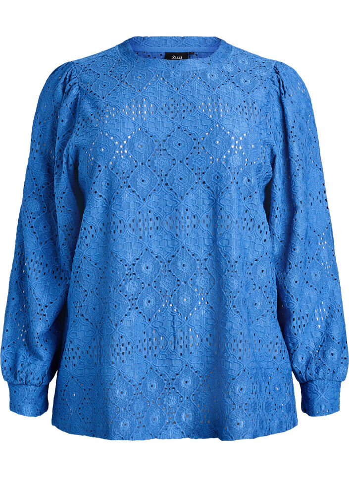 Blouse à manches longues avec broderie ajourée, Bleu, Packshot image number 0