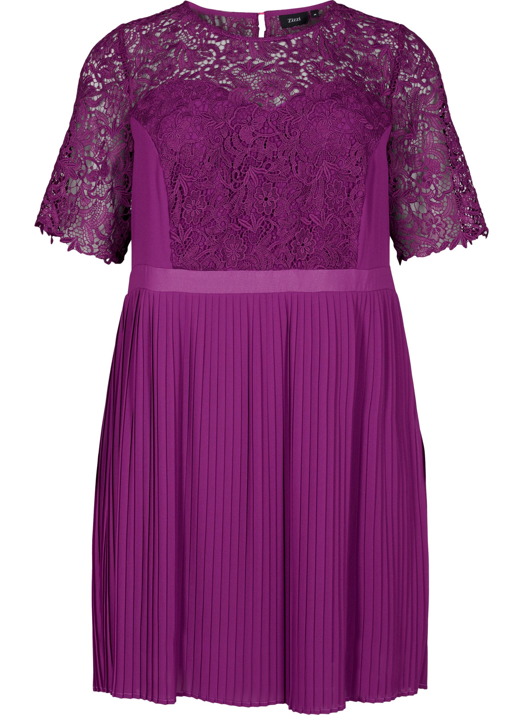 Zizzi Kurz&auml;rmeliges Kleid mit Spitzenoberteil, Grape Juice, Packshot image number 0