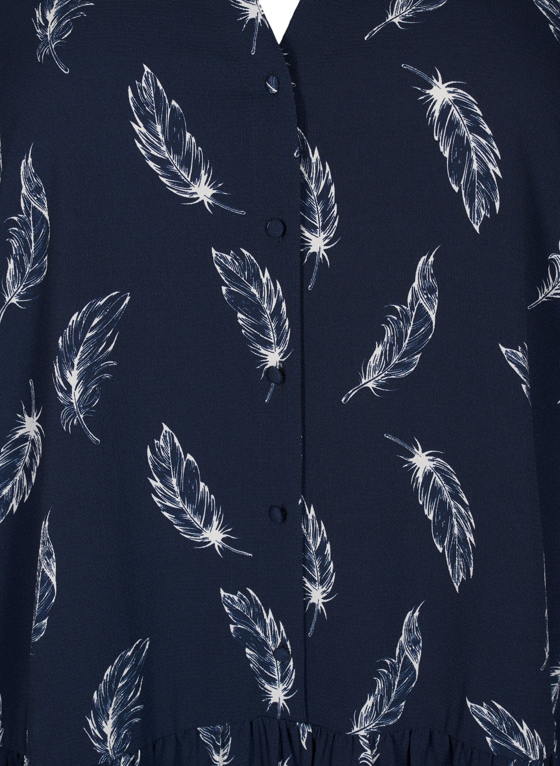 Zizzi Midi-Kleid mit langen &Auml;rmeln, Navy B. Feather AOP, Packshot image number 2