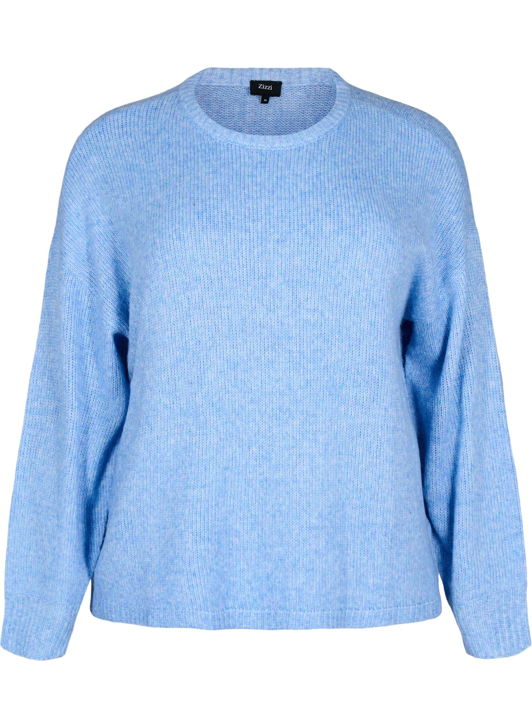 Zizzi Lang&auml;rmliger Strickpullover mit Wollanteil und Rundhalsausschnitt, Della R. Blue Mel., Packshot image number 0