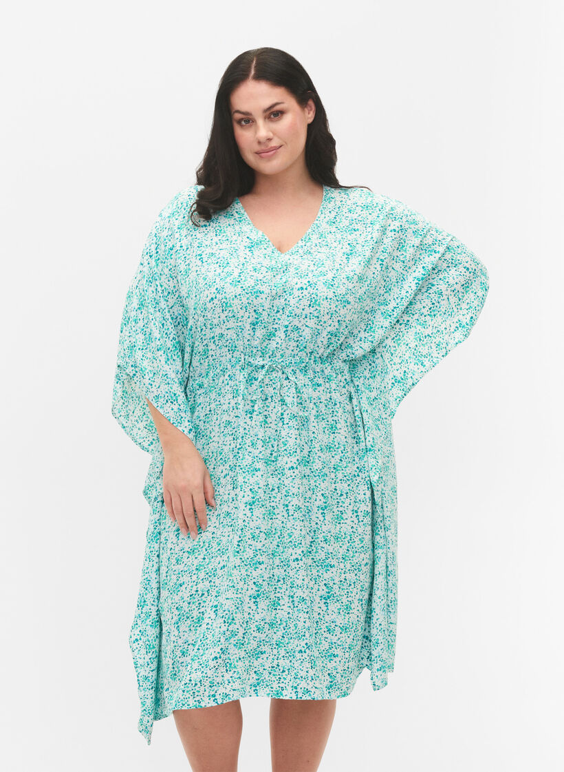 Robe caftan en viscose avec imprimé, Green Dot, Model image number 0