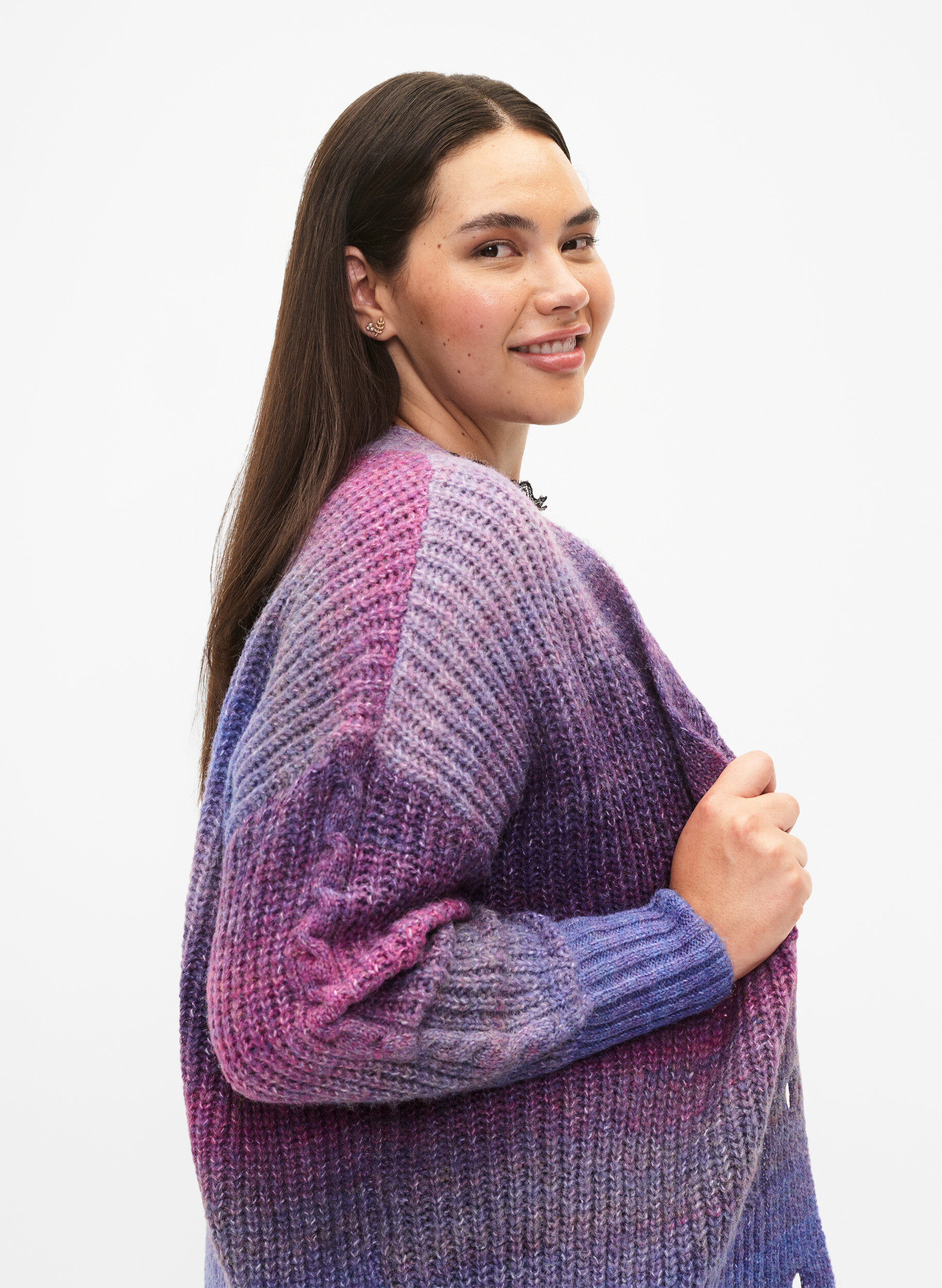 Zizzi Melange-Strickjacke mit Kn&ouml;pfen, Pansy Mel. Comb, Model image number 2