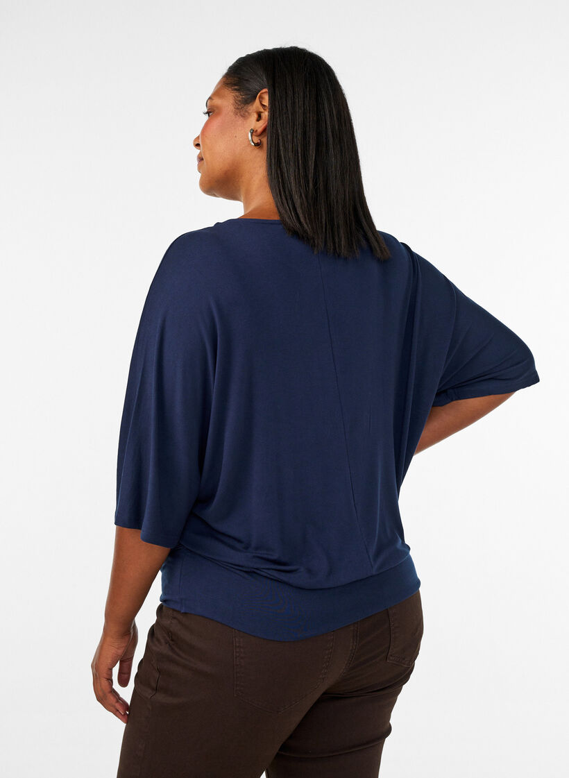 Blouse en jersey avec des manches ballon au coude, Bleu, Model image number 2