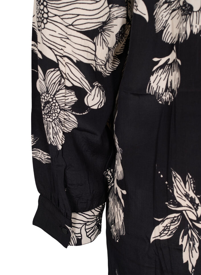 Chemise longue en viscose à fleurs, Black White AOP, Packshot image number 3
