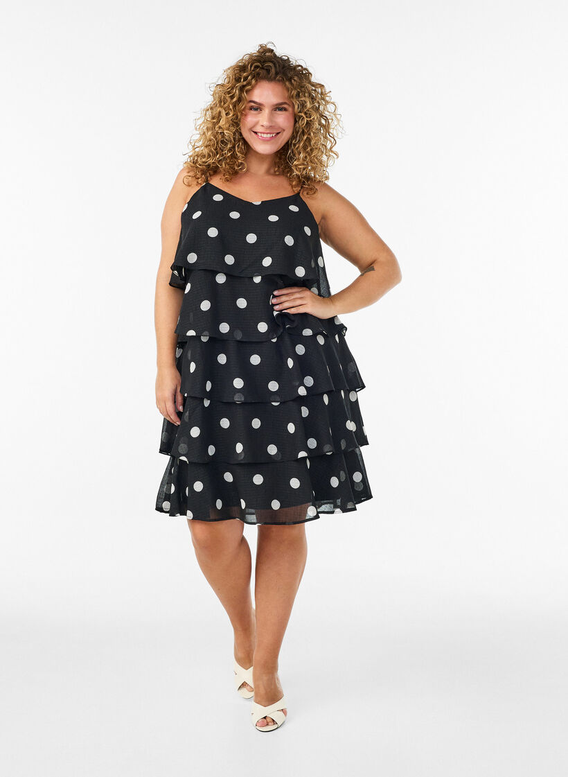 Lagenkleid mit R&uuml;schen und Spaghettitr&auml;gern, Schwarz, Model image number 1