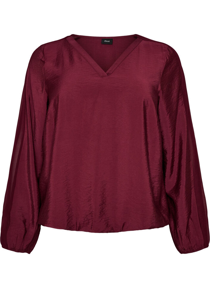 Blouse avec effet ballon et d&eacute;tails en mousseline, Bordeaux, Packshot image number 0