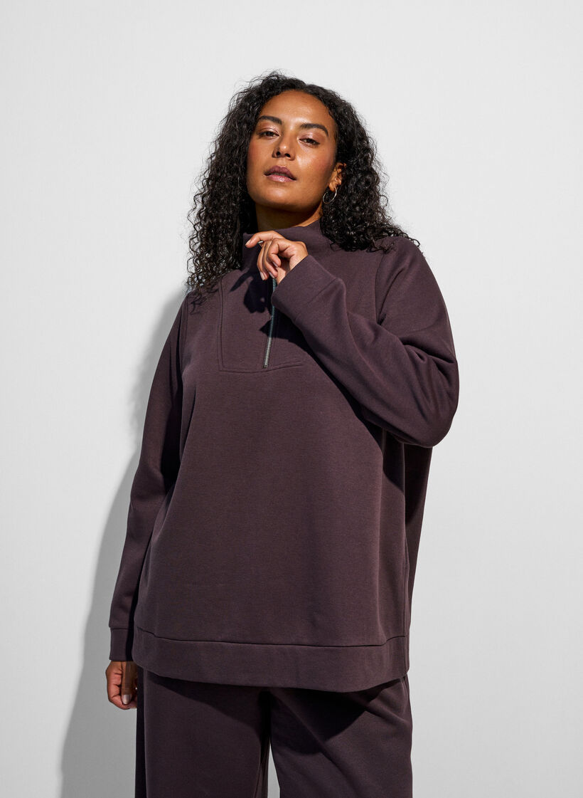 Sweat-shirt avec col montant et fermeture zipp&eacute;e, Marron, Model image number 3