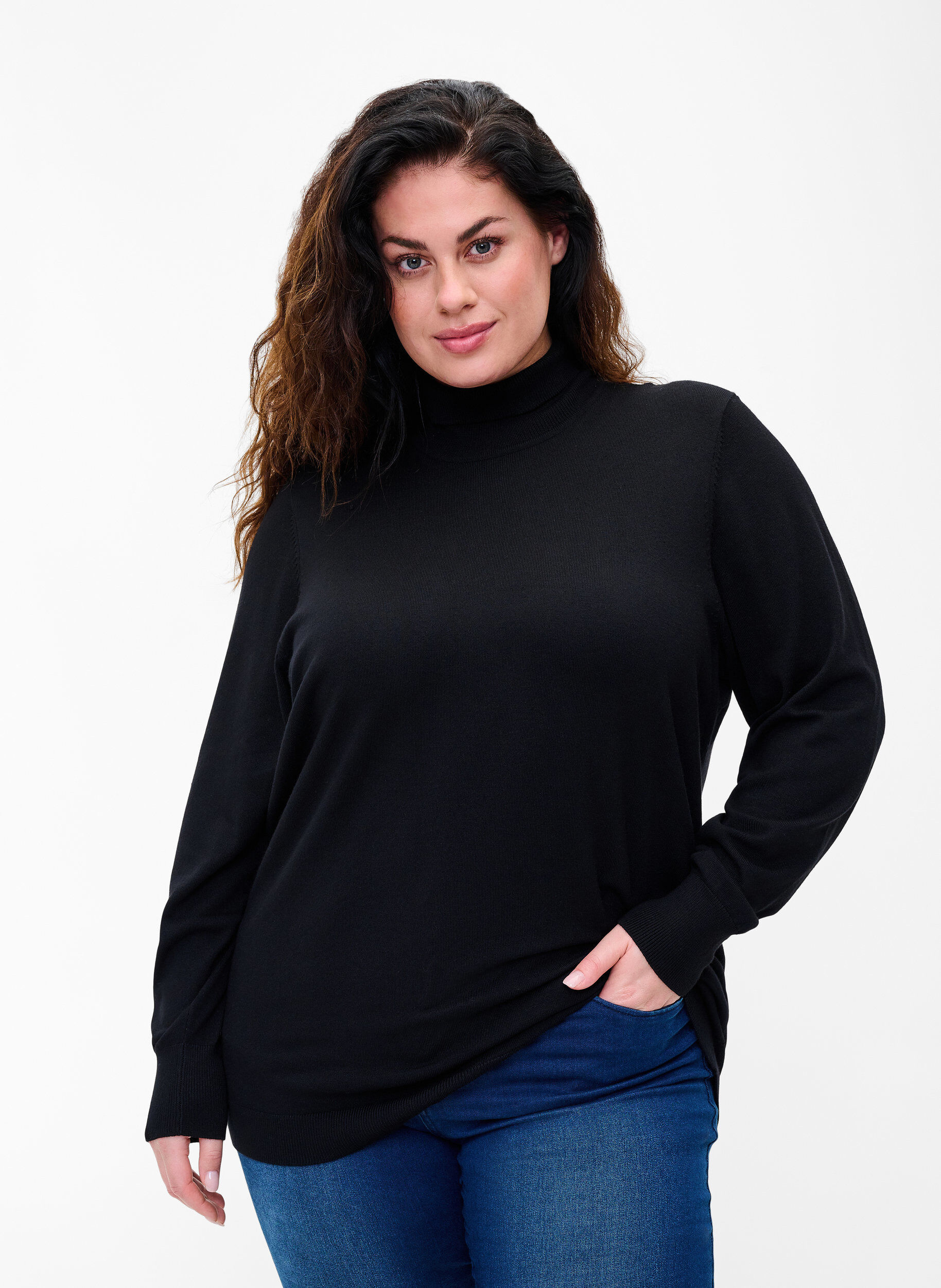 Zizzi Rollkragenpullover aus Viskose, Black, Model image number 0